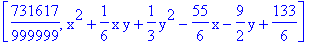 [731617/999999, x^2+1/6*x*y+1/3*y^2-55/6*x-9/2*y+133/6]